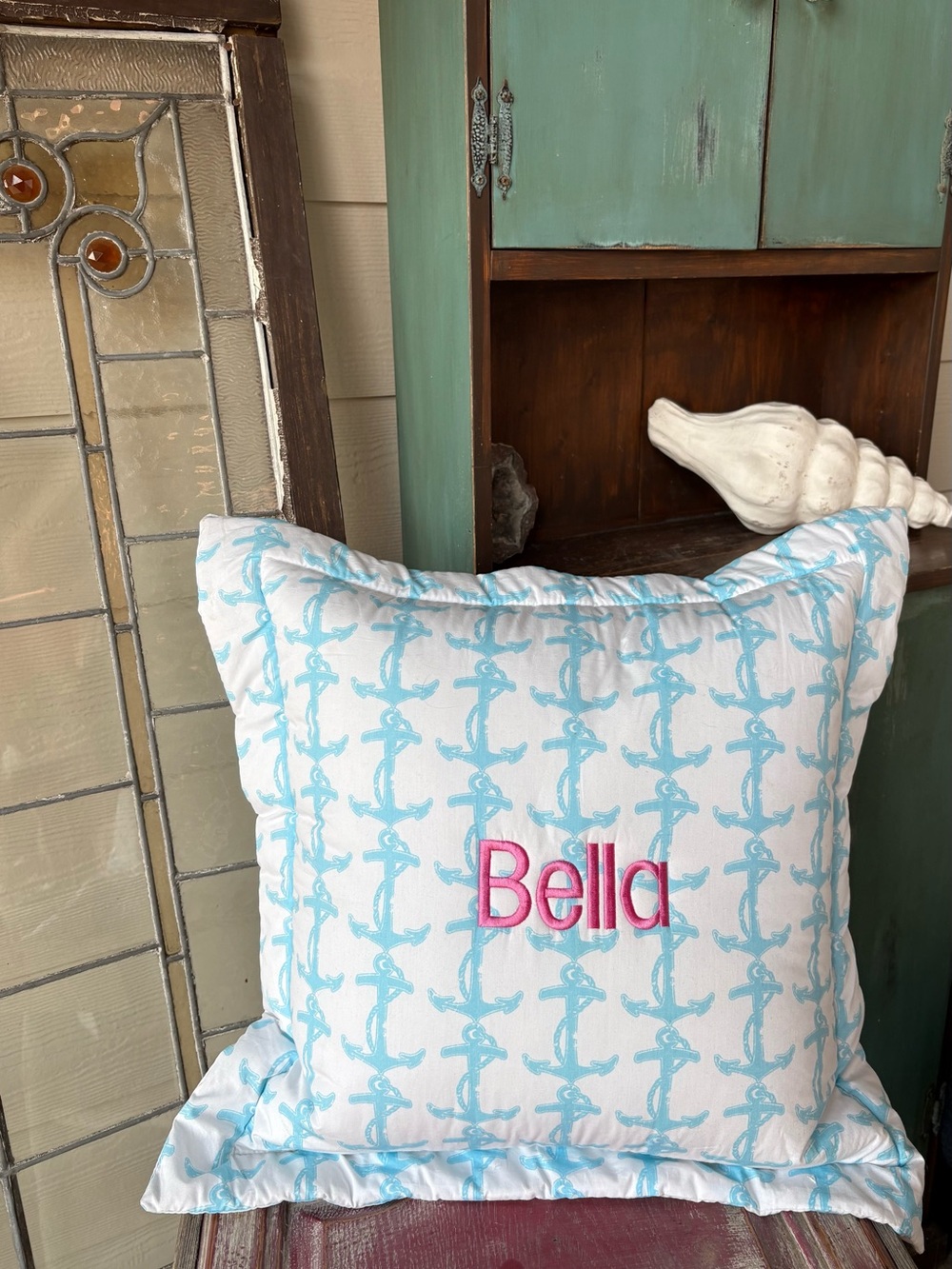 Bella Embroidered Personalized Decorative Anchor Pillow Beach Theme Nautical